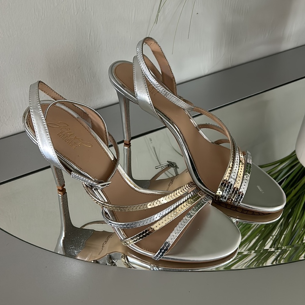 JEWEL Badgley Mischka Strappy Silver Gold Sequined Evening Stilettos, size 10
